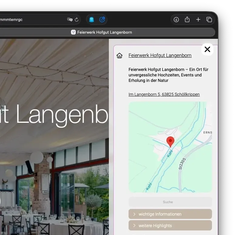 Geöffnetes Menü eines Rundgangs mit Karte und Infobereichen